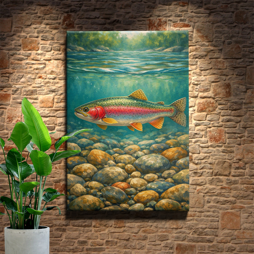 Rainbow trout nature framed canvas wall art, fly fishing cabin decor print