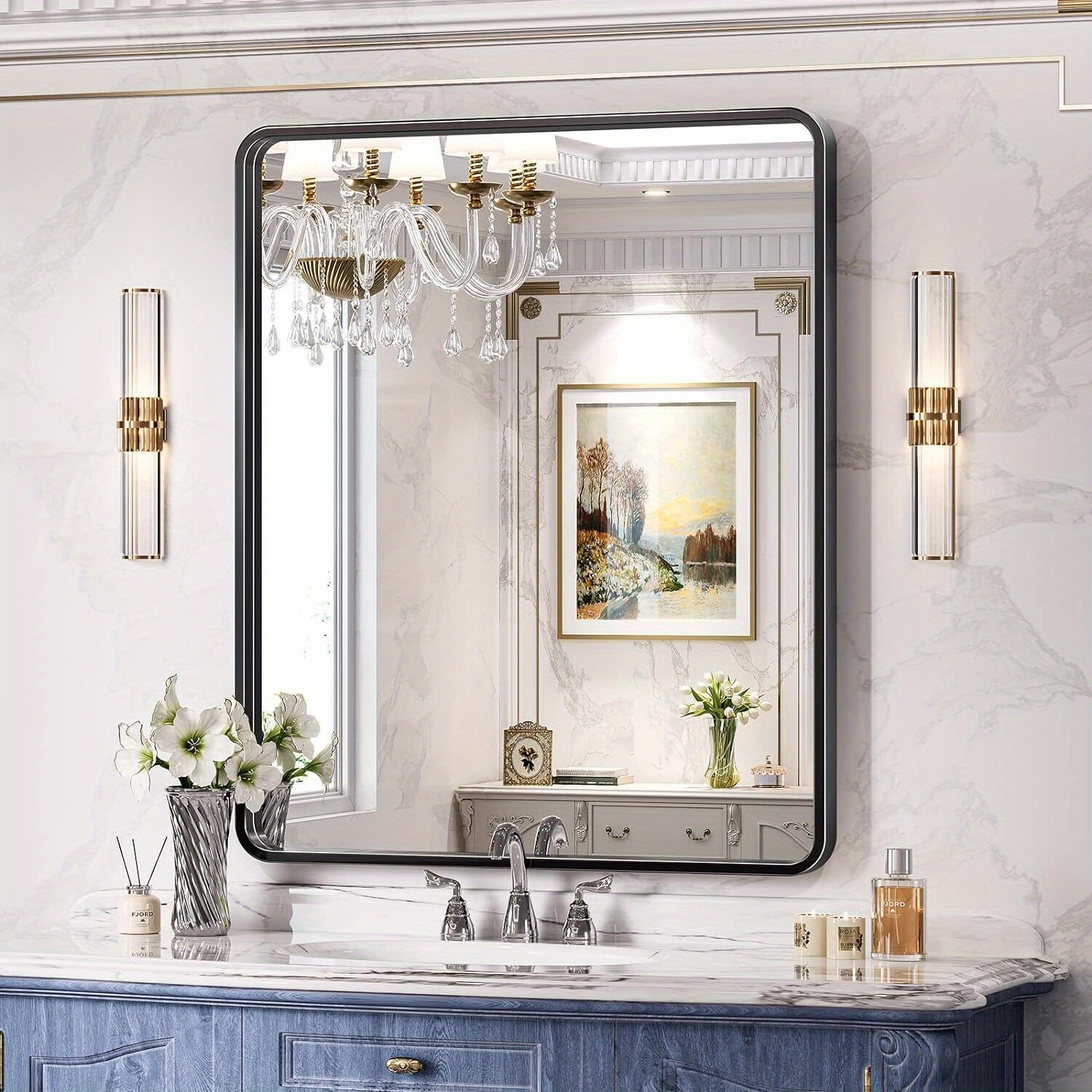 Black metal framed rounded rectangle bathroom mirror 3 sizes Matte black