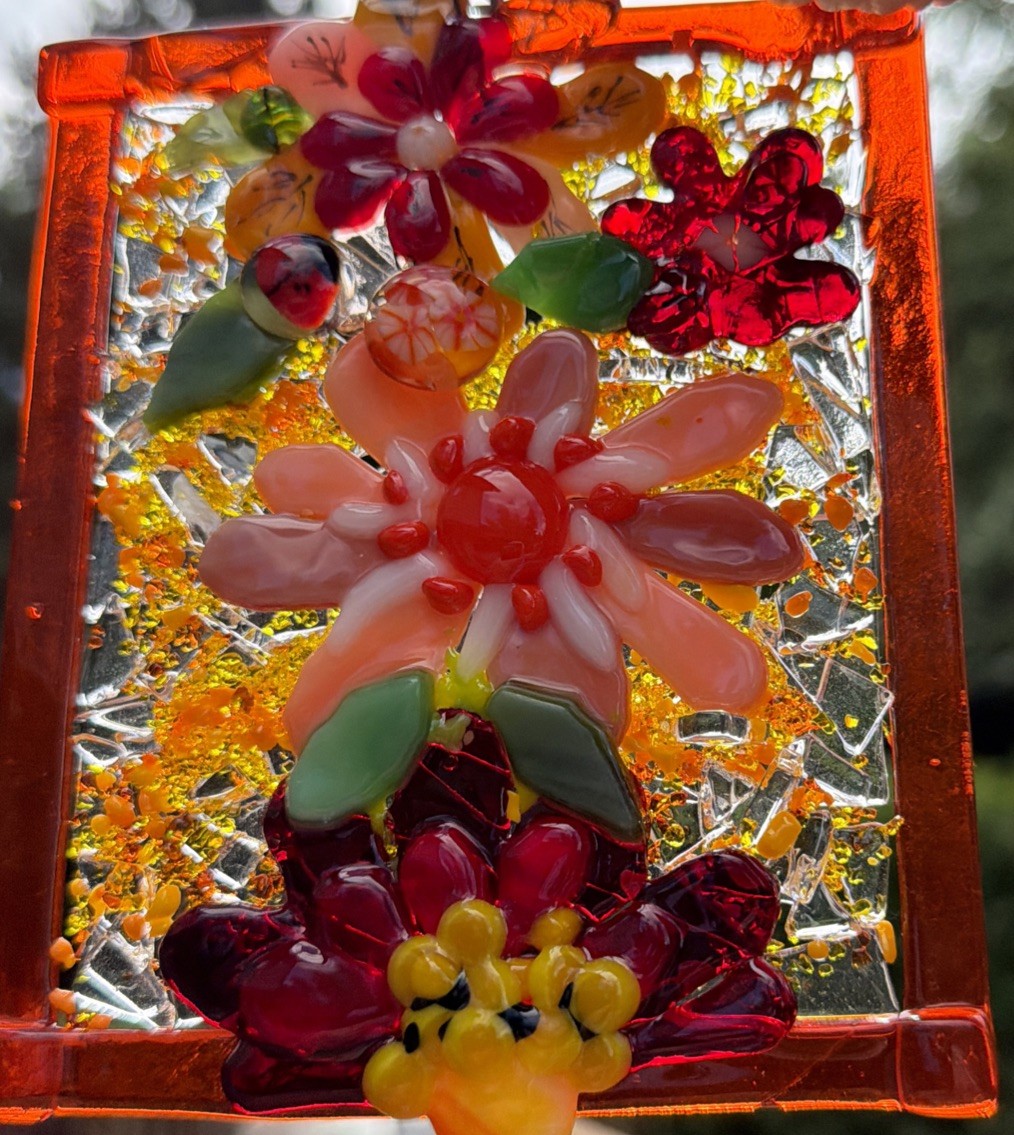 Fused Glass Handmade Flowered Rectangular Multicolor Sun Catcher Signed