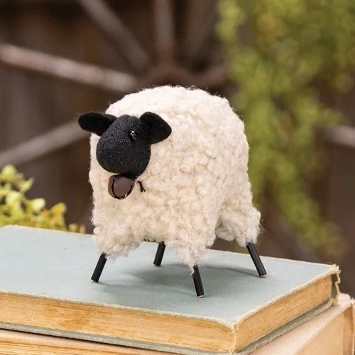 NEW Primitive Farmhouse SHEEP with Bell Sherpa Figurine Statue Cottage 3.5&Prime;Hx6&Prime;W