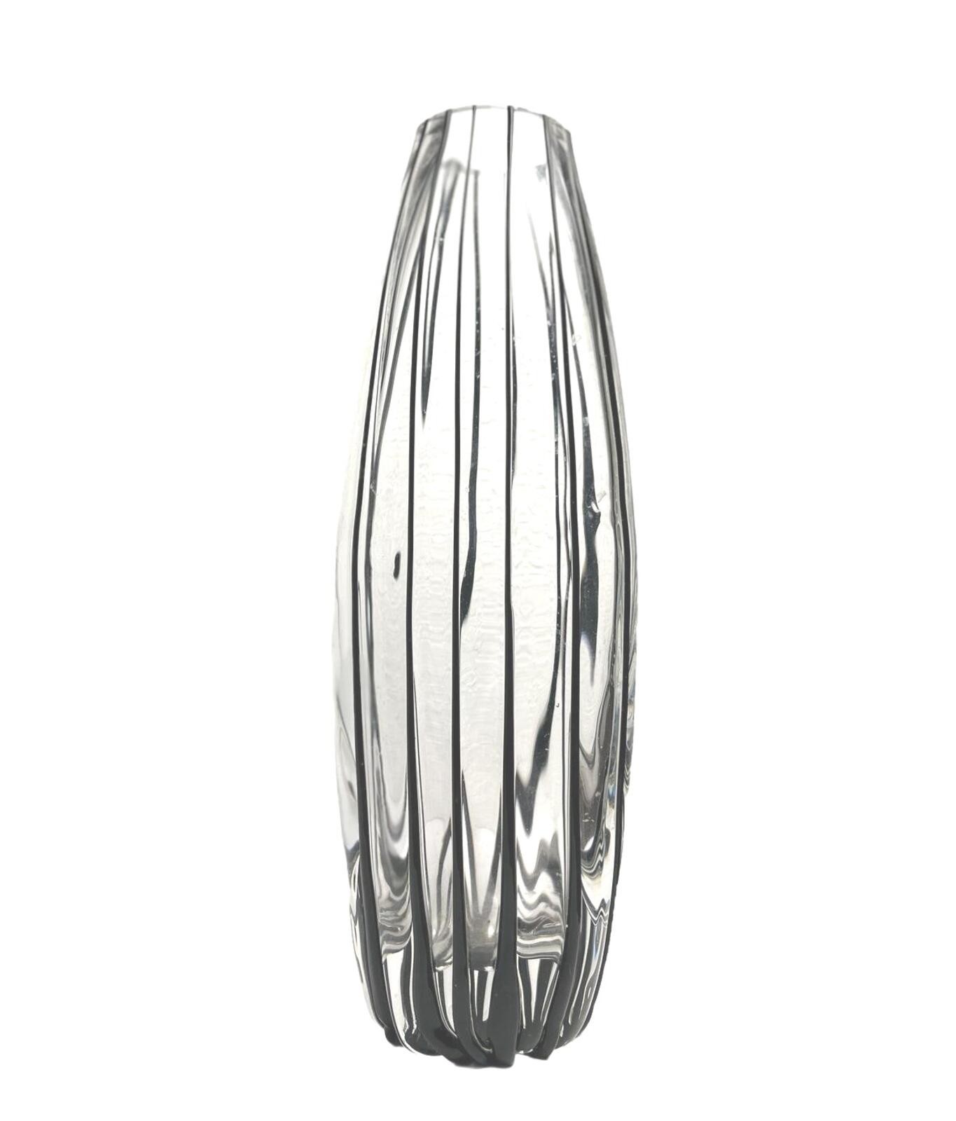 Tall Clear Black Ribbed Glass Vase