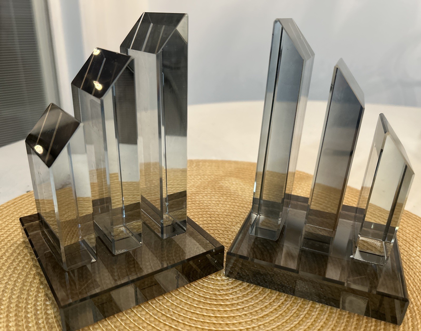 Geometric Smokey Clear Crystal Bookends (2) Pillars 6”Hx4”Lx4”W