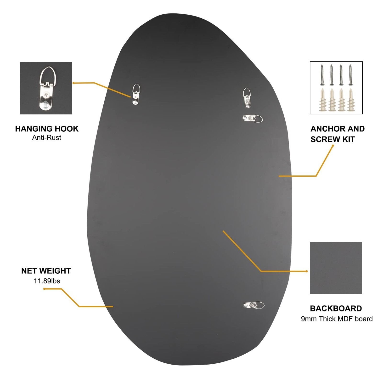 Asymmetrical Decorative Wall Mirror – Gold Wood Framed, 19.5&Prime; x 33.5&Prime;, Bathroom,