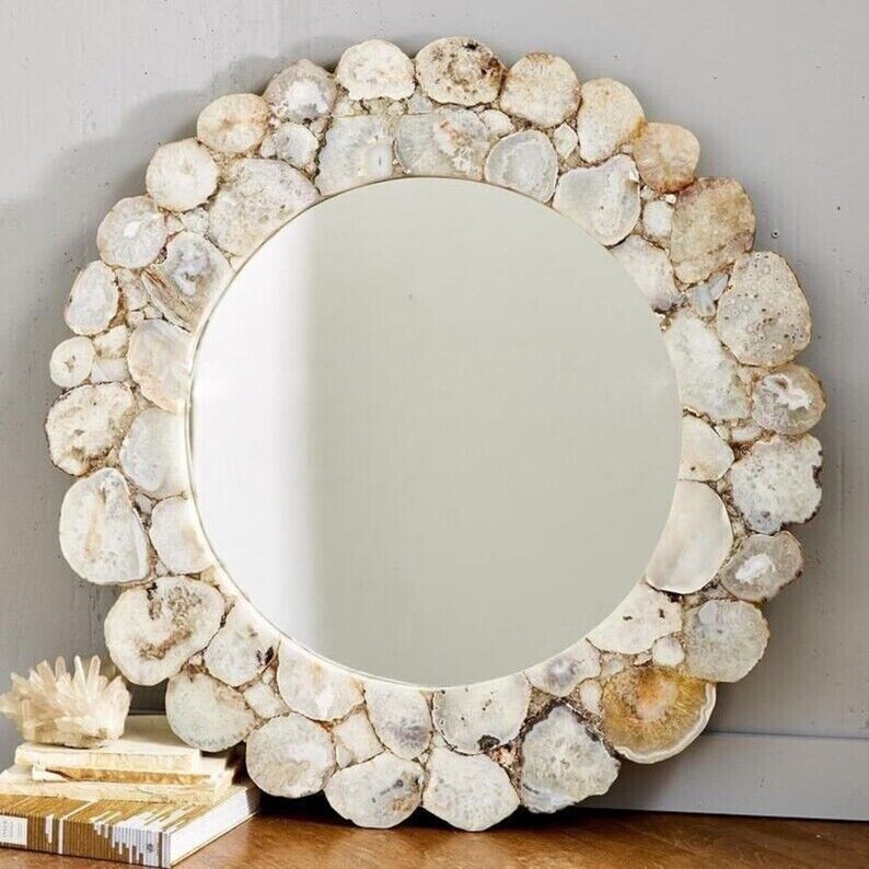 White Agate Stone Mirror Frame Stunning Wall Hanging Mirror Bathroom Decors