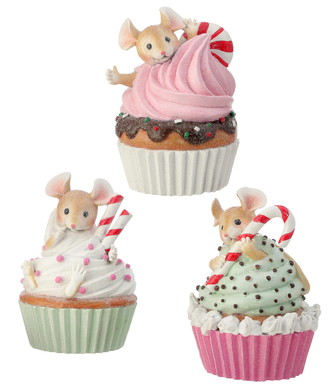 Mini Mice on Cupcake with Candy Christmas Figure Set of 3
