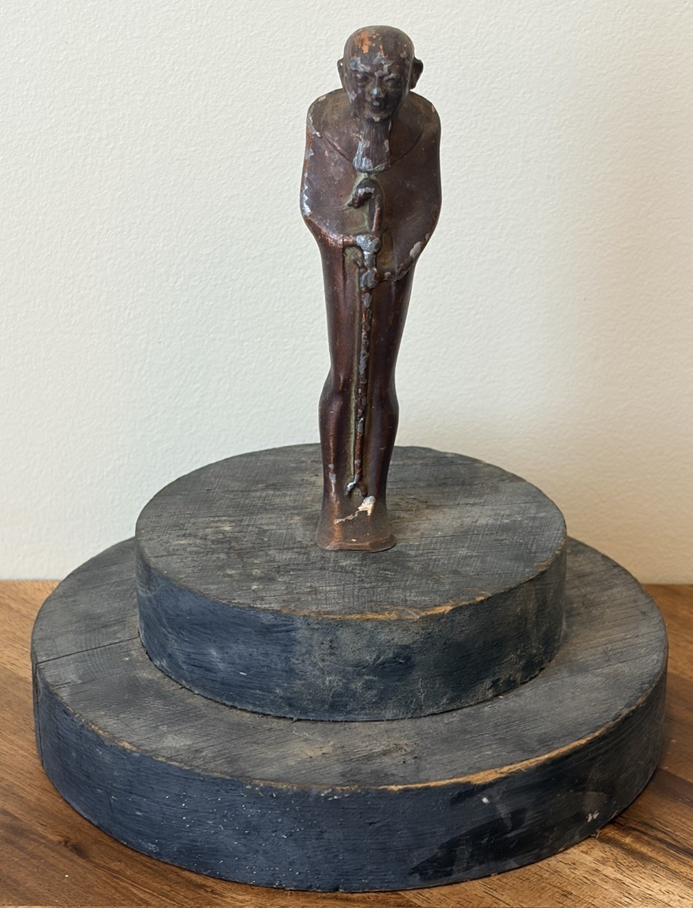 Vintage Cast Metal Sage Scholar Sculpture on Wood Base Asian Style Folk Art