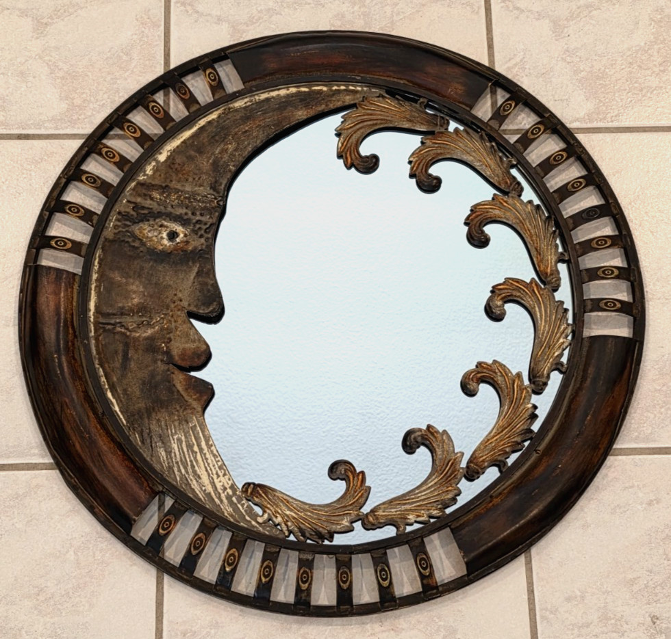 RARE Unique 24&Prime; Celestial Metal Moon Ornate Wall Mirror + Gold Gilt-Like Accents