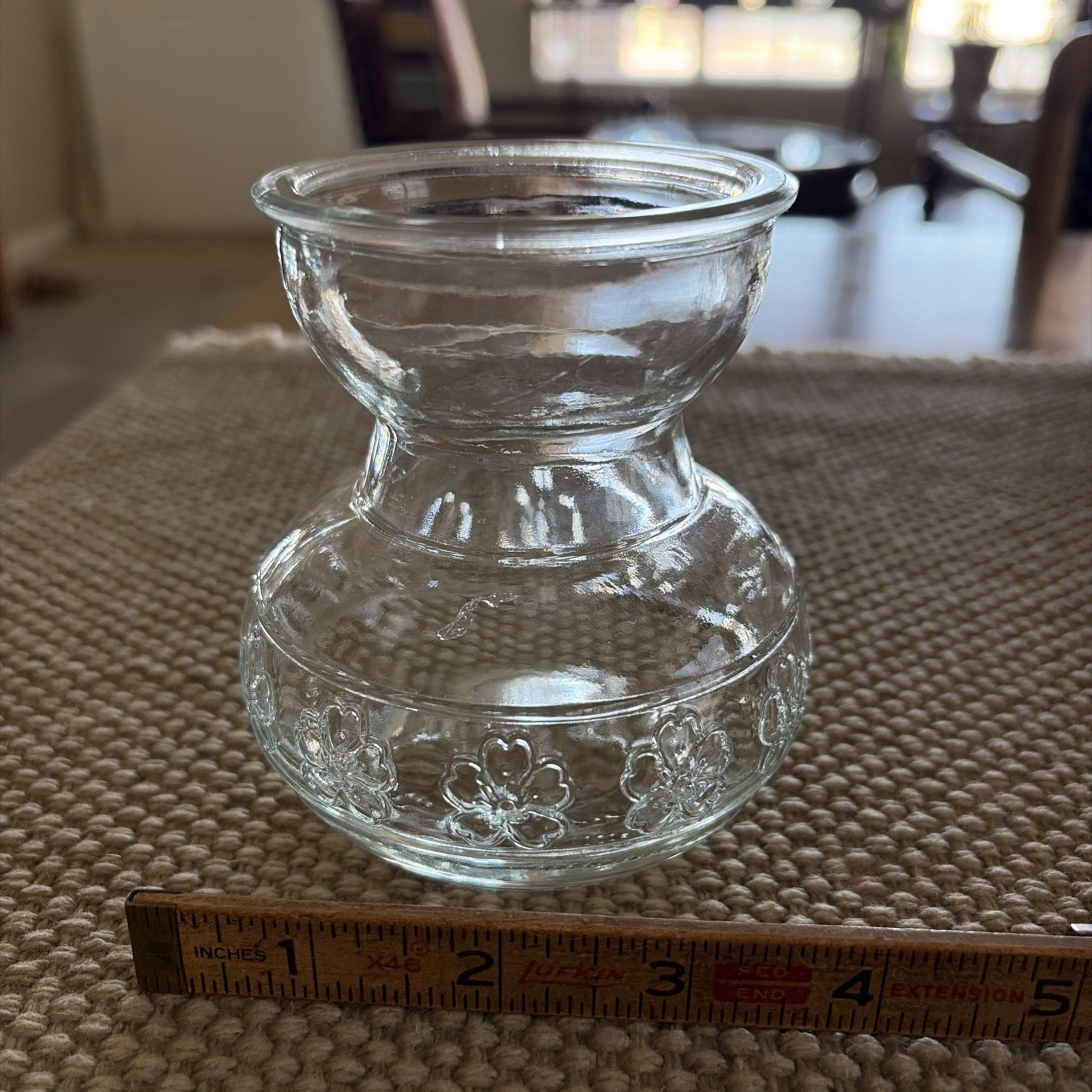 Clear Glass 4” Embossed Flowers Bulb Forcing Vase Paperwhites Hyacinths Tulips