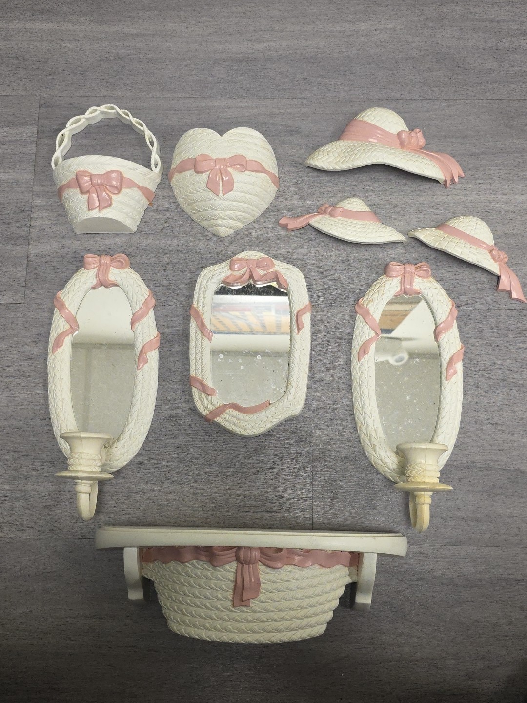 Vtg Home Interiors Burwood Pink Bow White Wicker Wall Decor 9pc Shabby Chic 80s
