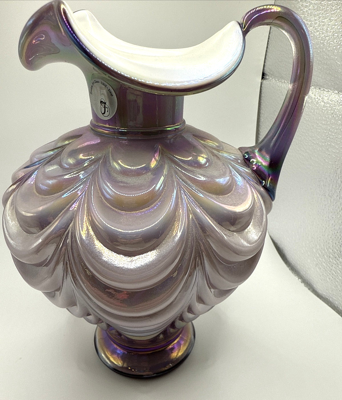 Fenton 95th Anniversary Lilac Lavender Iridescent Drapery Pitcher Vase 7 5/8&Prime;