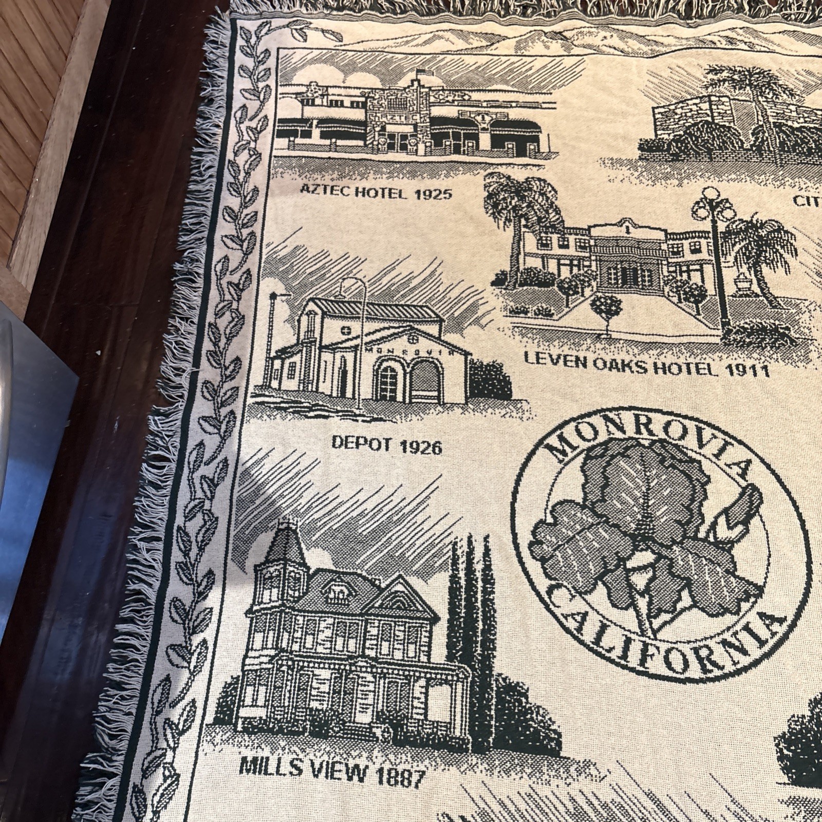 Monrovia CA Woven Throw Blanket 68×47”Fringed Tapestry Reversible Town Landmarks