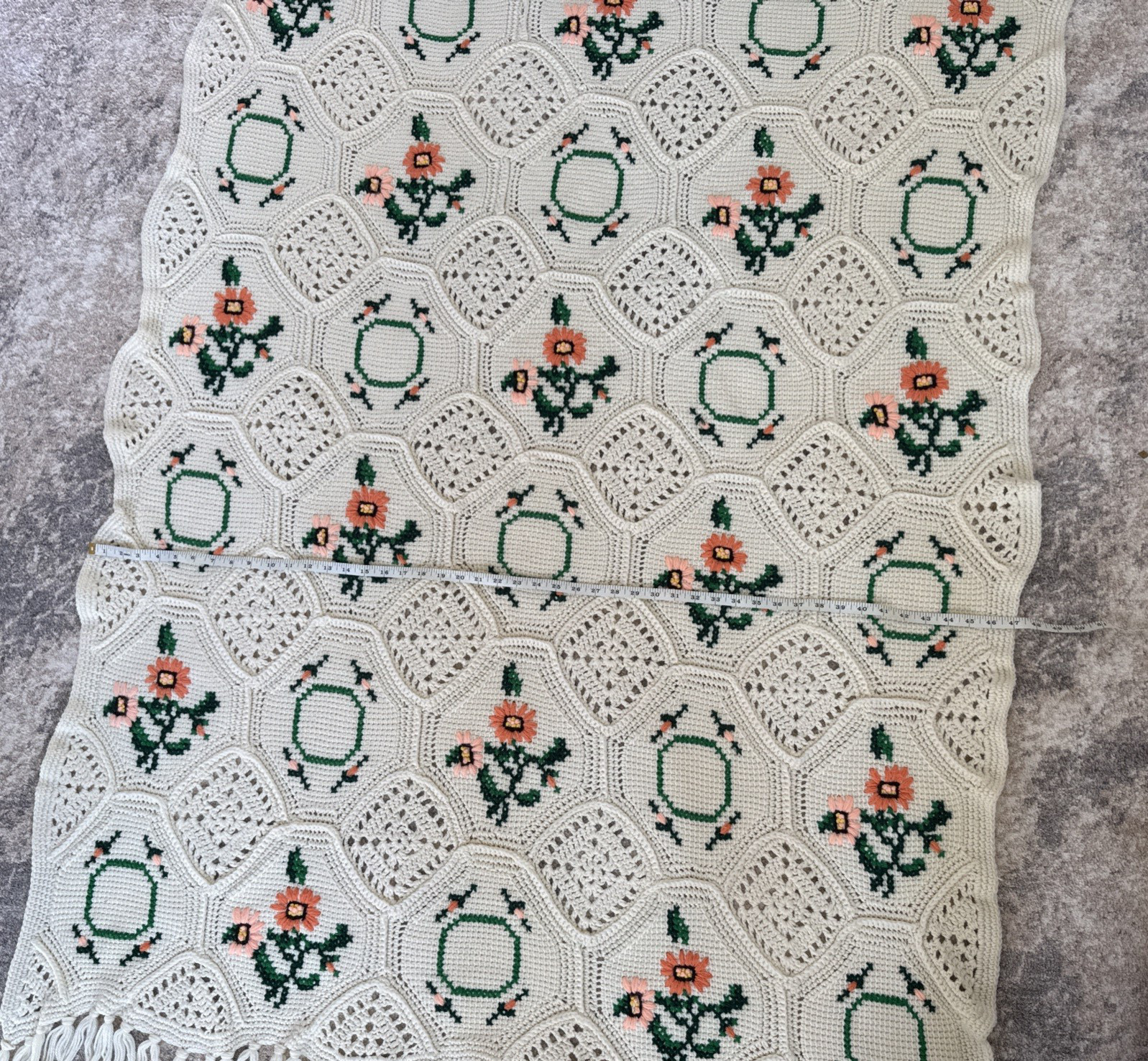 Cream Crocheted Blanket w/ Hexagons Embroidered Peach Floral Designs Fringe Ends