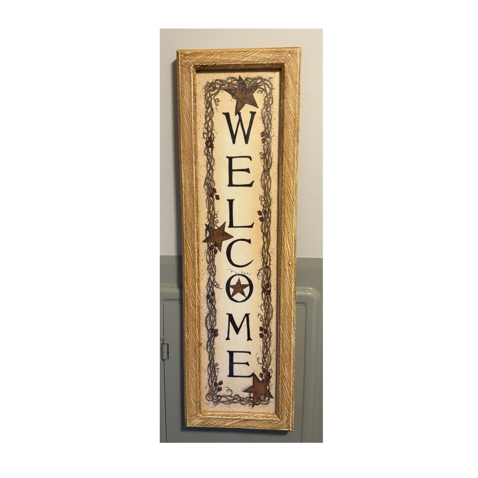 Rustic Framed Wood Welcome Wall Sign Stars & Vine Border Hanging 22 in