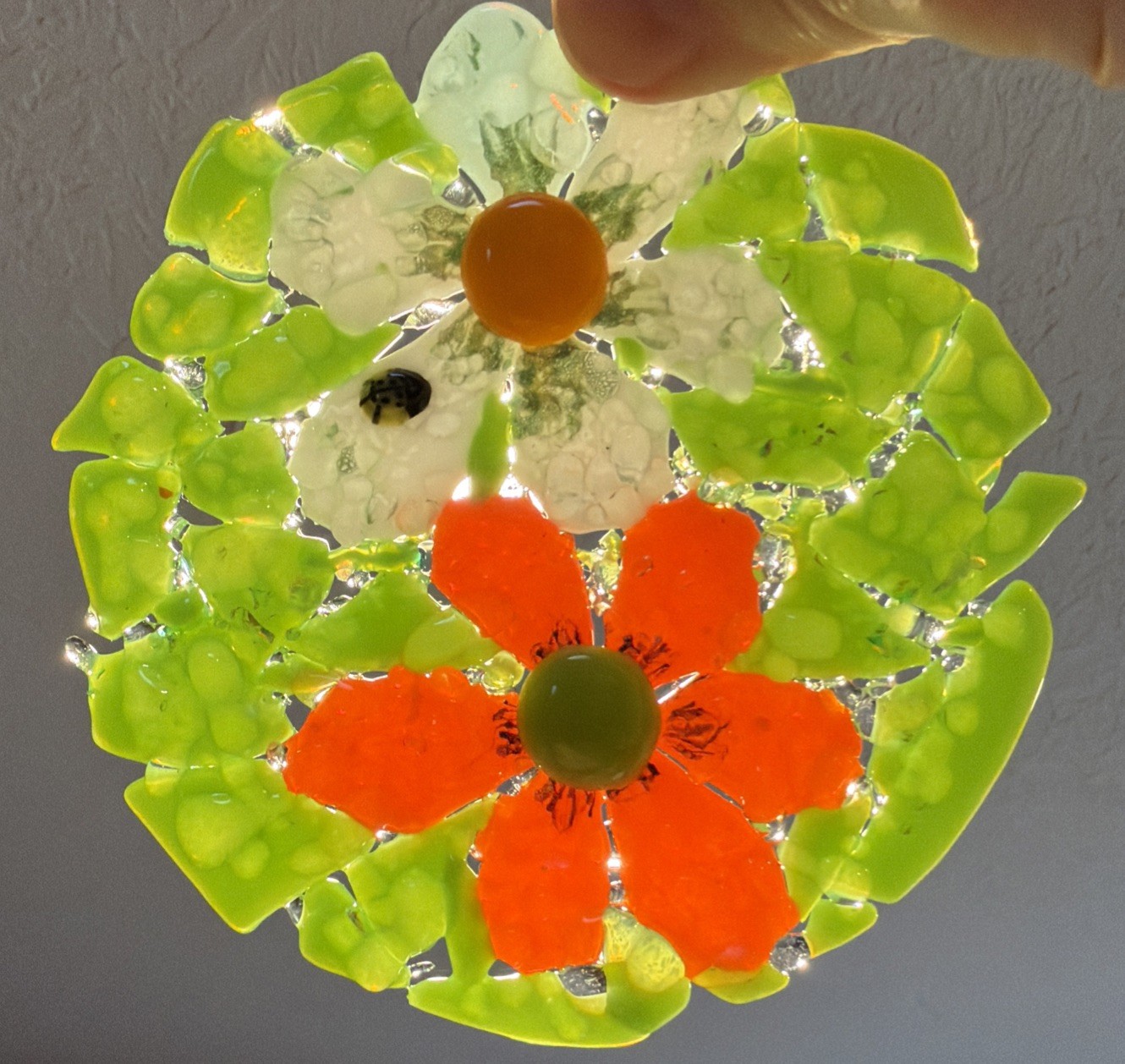 Fused Glass Handmade Round Multicolor Flower Sun Catcher Signed By Artist