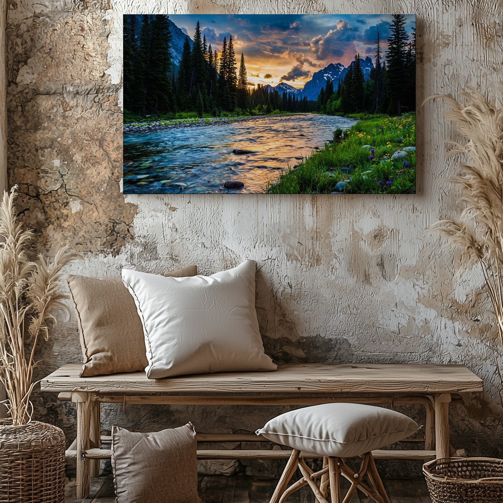 Breathtaking Landscape At Sunset, Featuring A Winding River Flowing Wall Art