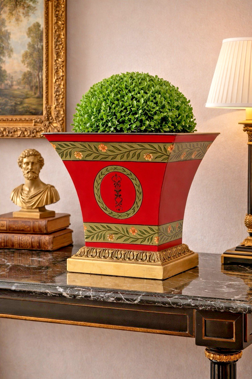 Maitland Smith Neoclassical Tole Cachepot Urn Pedestal Planter Red Gilt 12” Deco