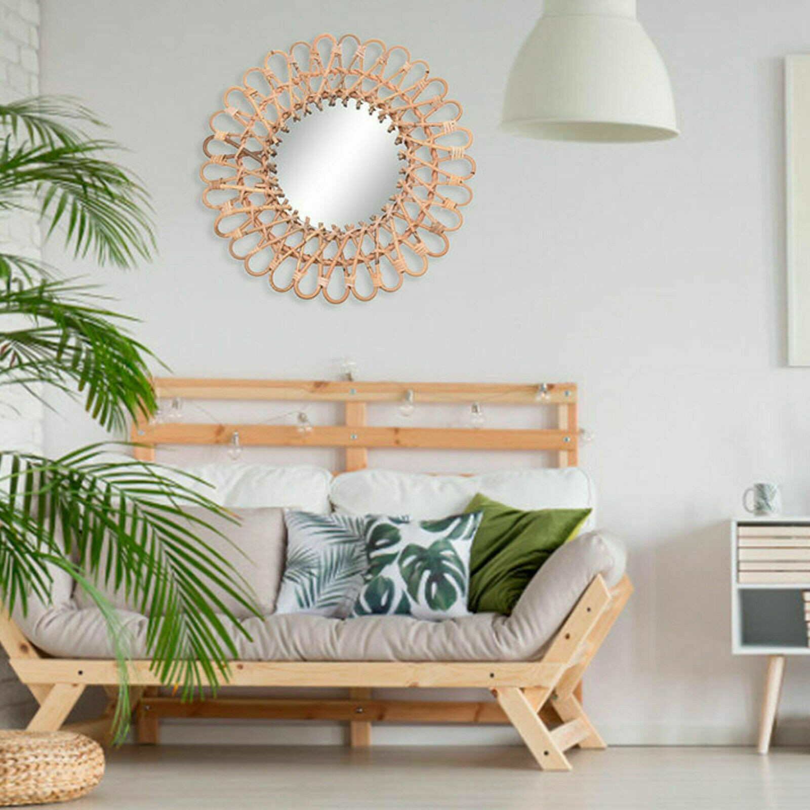 Vintage Handwoven Round Natural Rattan Wall Hanging Mirror For Home Decor