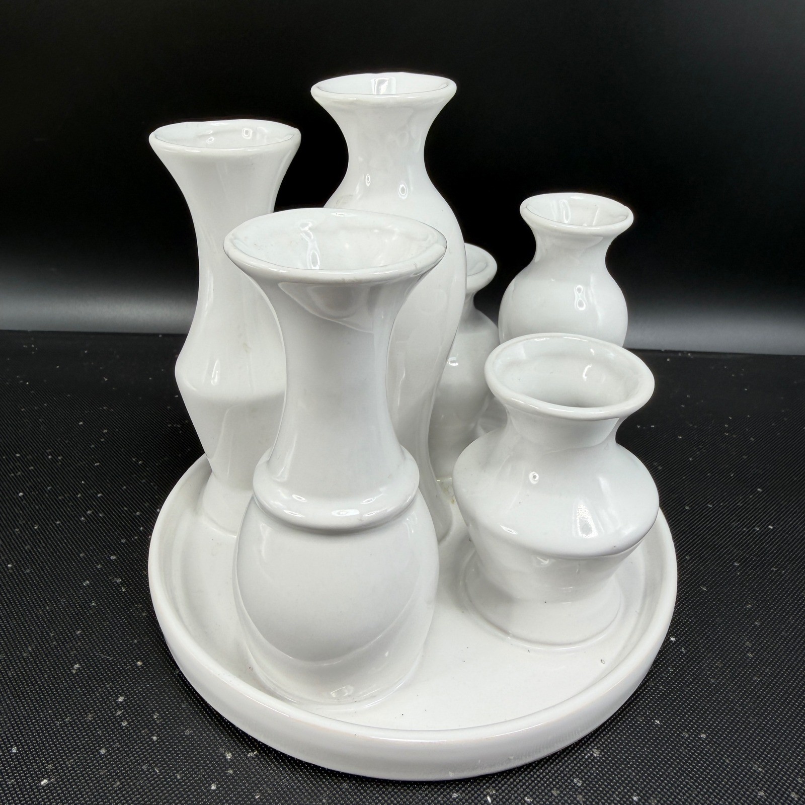 White Ceramic Multi Bud Vase Cluster 6 Opening Attached Floral Centerpiece 6in
