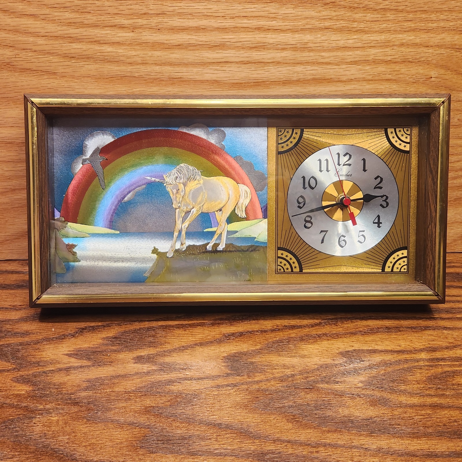 Emdur Unicorn Rainbow Pride Hanging Wall Clock Vintage MCM Wood Grain 1980&rsquo;s