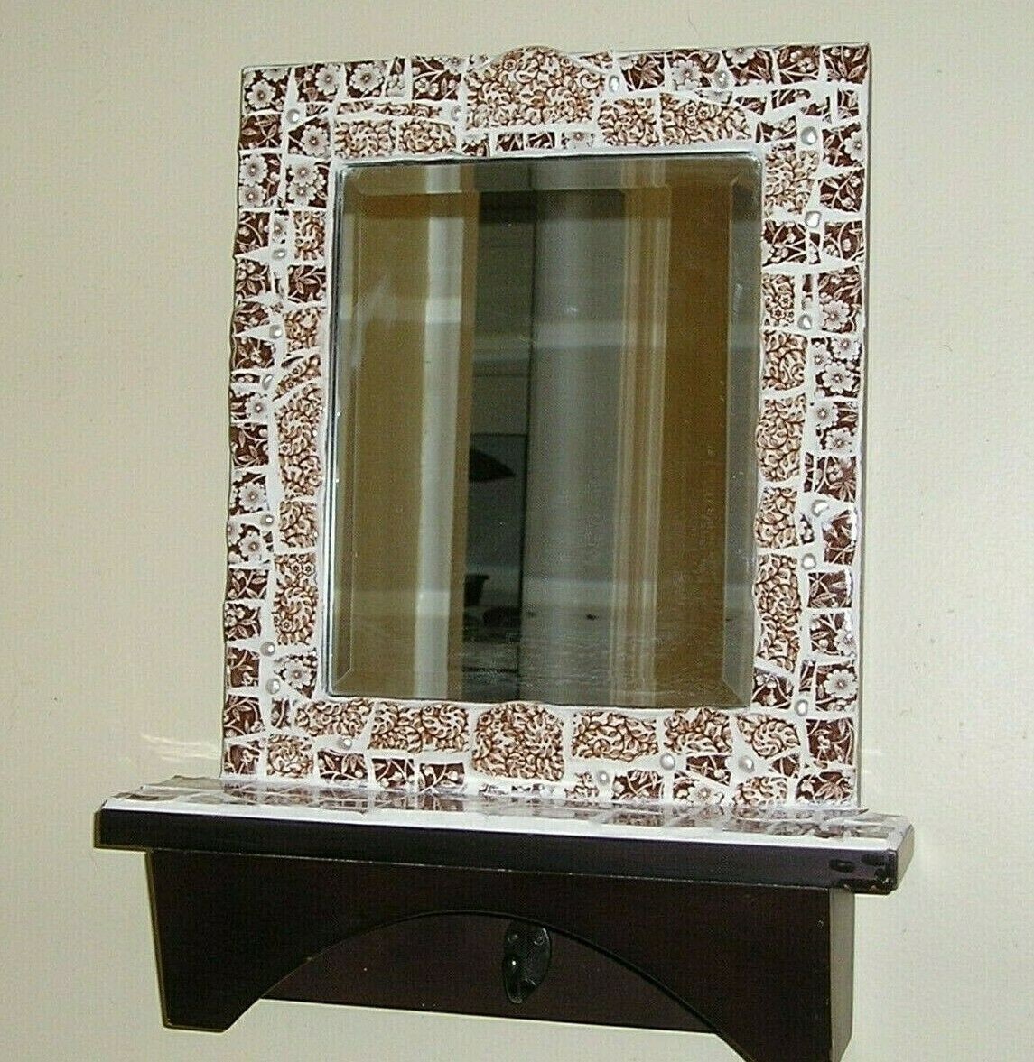 Mosaic Mirror Beveled Glass Mahogany Shelf Vintage Brown Floral China