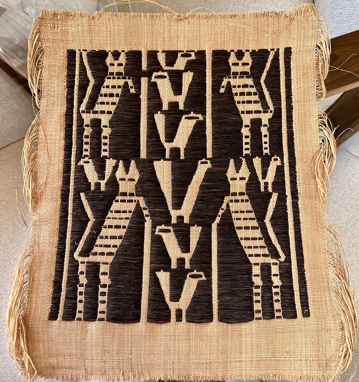Cameroonian Raffia Textile Cats 13&Prime; x 16.5&Prime; Handwoven African Fiber Art Vintage