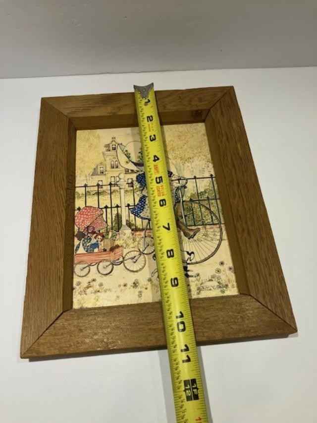 Vintage 1970s Holly Hobbie Wood Framed Picture Girls bike wagon wall hanging