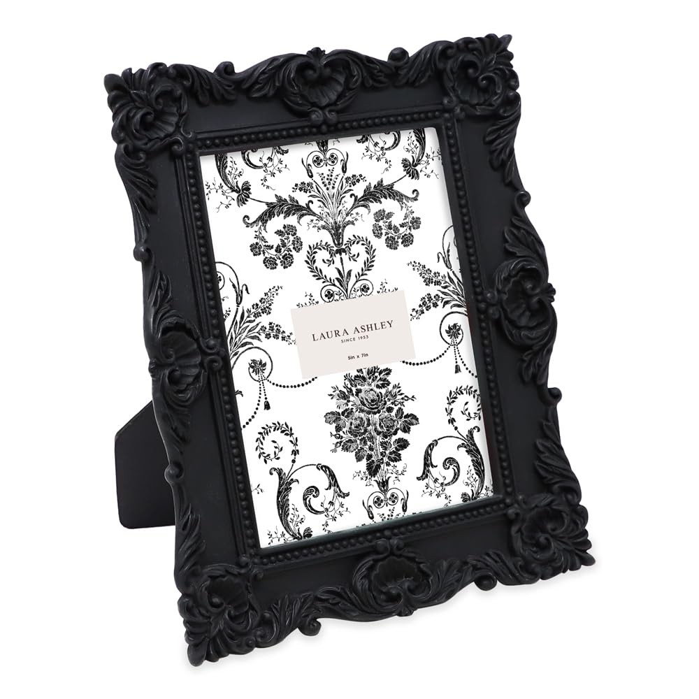 Laura Ashley 5×7 Black Ornate Textured Hand-Crafted Resin Picture Frame with Eas