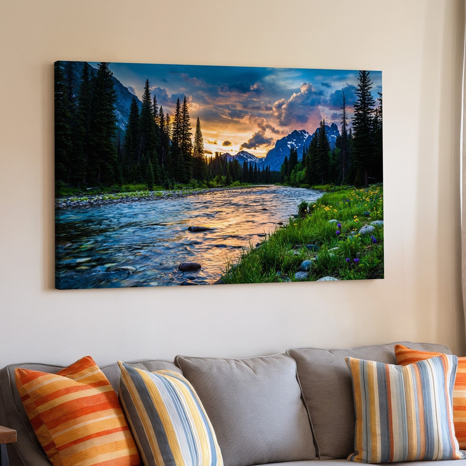 Breathtaking Landscape At Sunset, Featuring A Winding River Flowing Wall Art