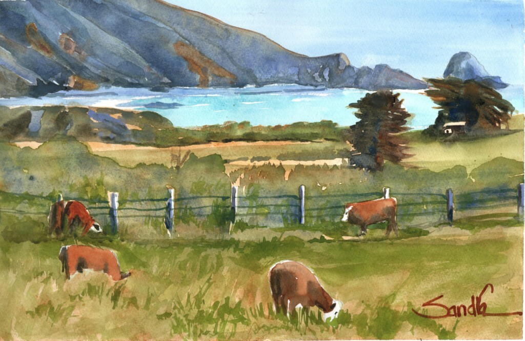 California Cows Pastoral Coastal Landscape Sandra Watercolors™ Archival Giclee