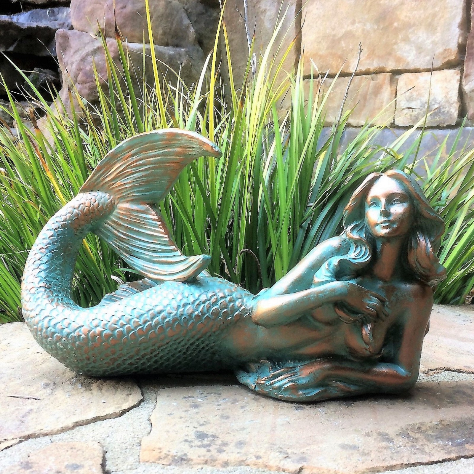Mermaid Statue Laying Down Lady Nautical Beach Decor Bronze Patina Patio Gift 12