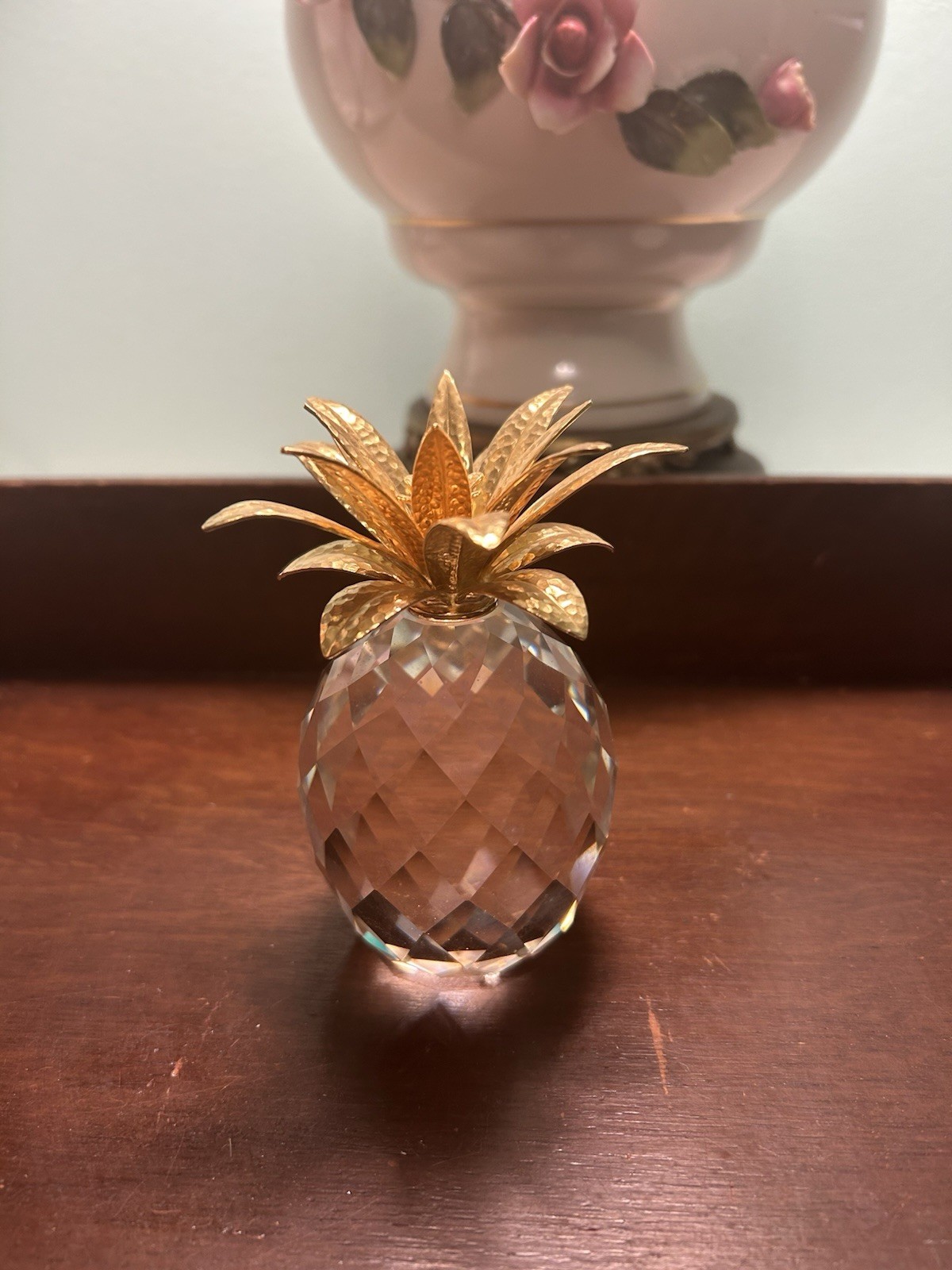 Swarovski Clear Faceted Crystal Pineapple Figurine Large Gold Tone Leaves 80148