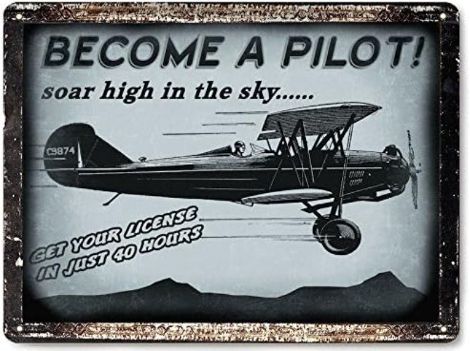 Tin Metal Sign Pilot license training antique vintage style air show 8×12