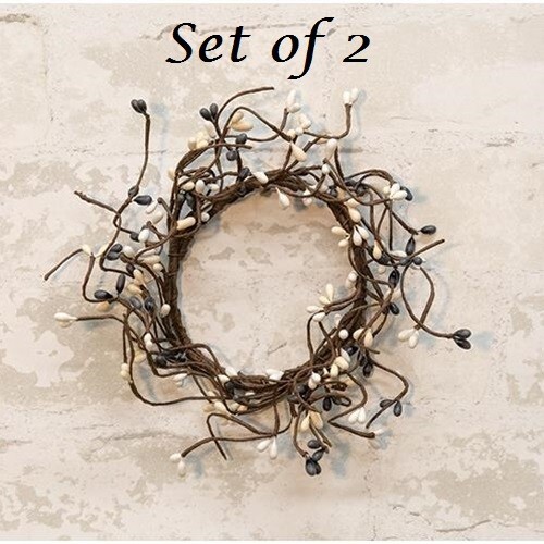 NEW Farmhouse Berry Wreath Candle Rings 2pc 3.5&Prime; Gray Cream White Pips