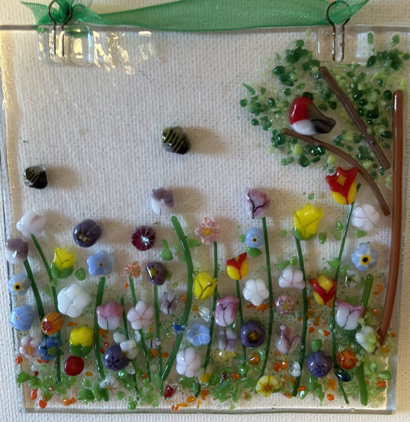 Fused Glass Handmade Square 4”x 4” Multicolor Sun Catcher Signed By Artist