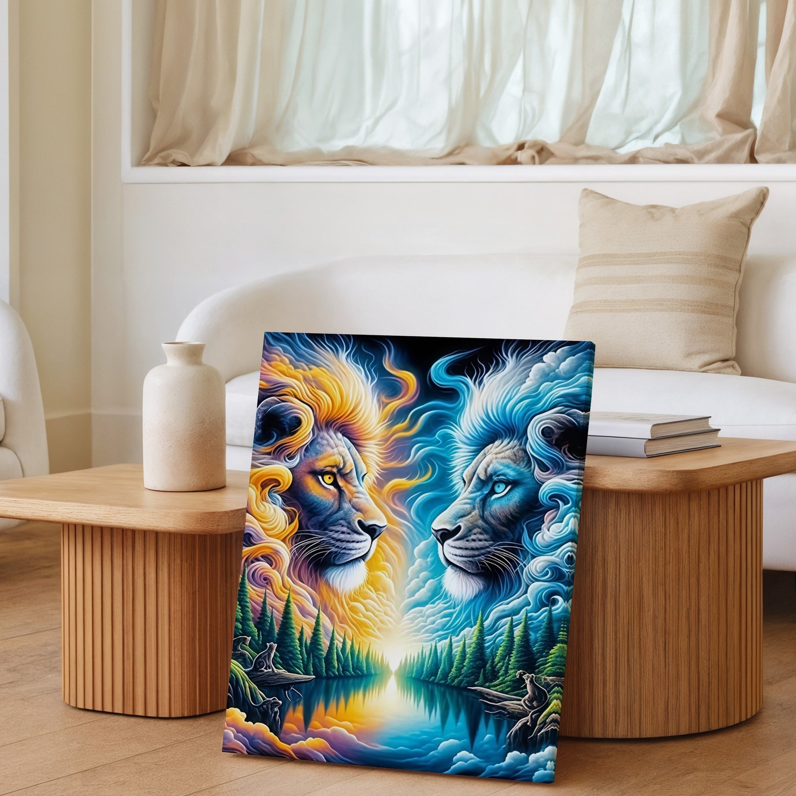 Sun And Moon Lions Canvas Wall Art Surreal Nature Fantasy Animal Print Home