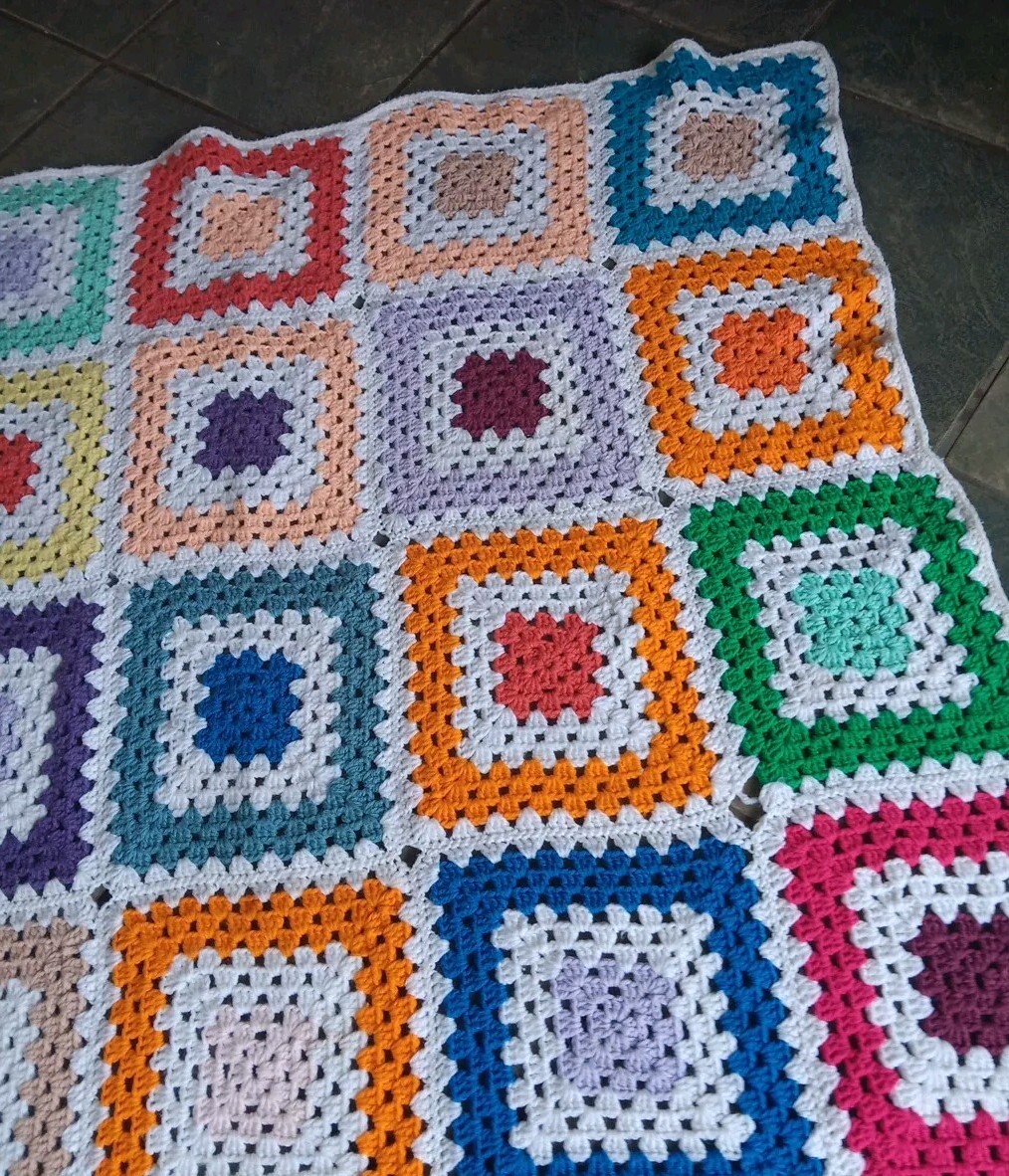 Granny Square Crochet Afghan Throw Blanket White Multi Color 62×50&Prime; Handmade Vtg