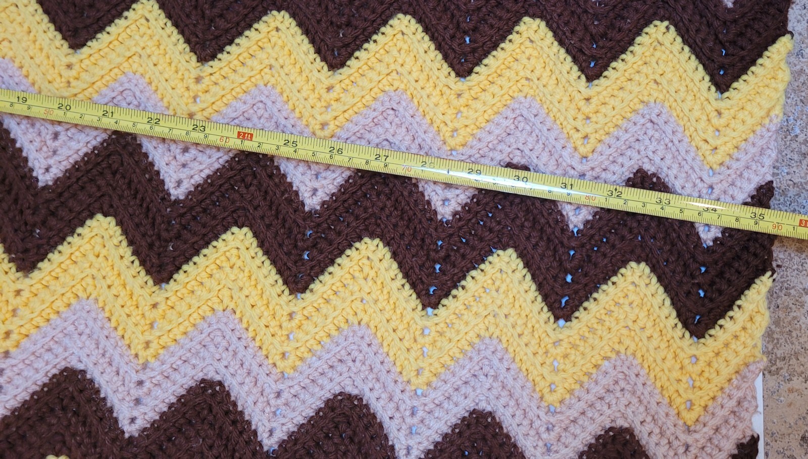 Crochet Handmade Afghan Throw Blanket Chevron 55”x 35”Brown Yellow Tan Vtg