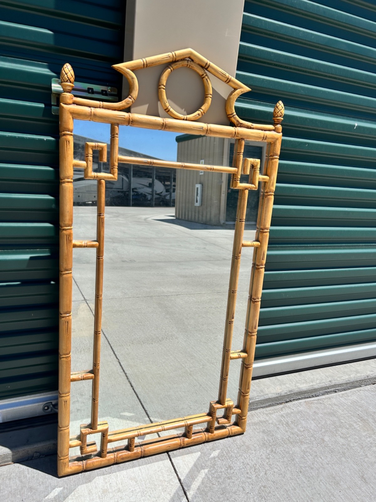 Vintage Asian Faux Bamboo Greek Key Pagoda Chinoiserie Wall Mirror 49”h