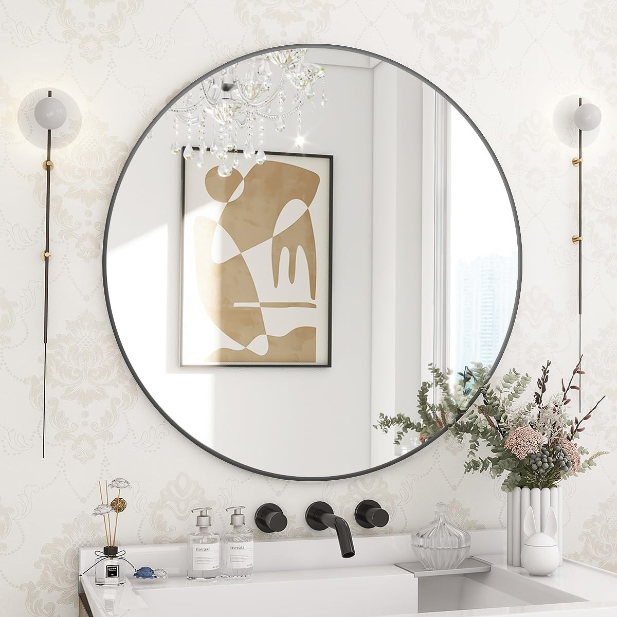 24 Inch Round Metal Frame Wall Mounted Circle Large Diameter Mirror for