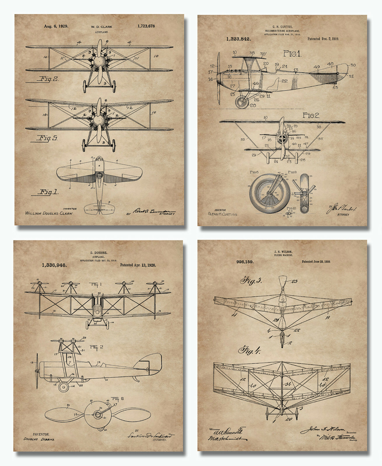 4 Vintage Biplanes Patent Wall Art Prints 8×10 in Aviation Gifts Pilots Bi Plane