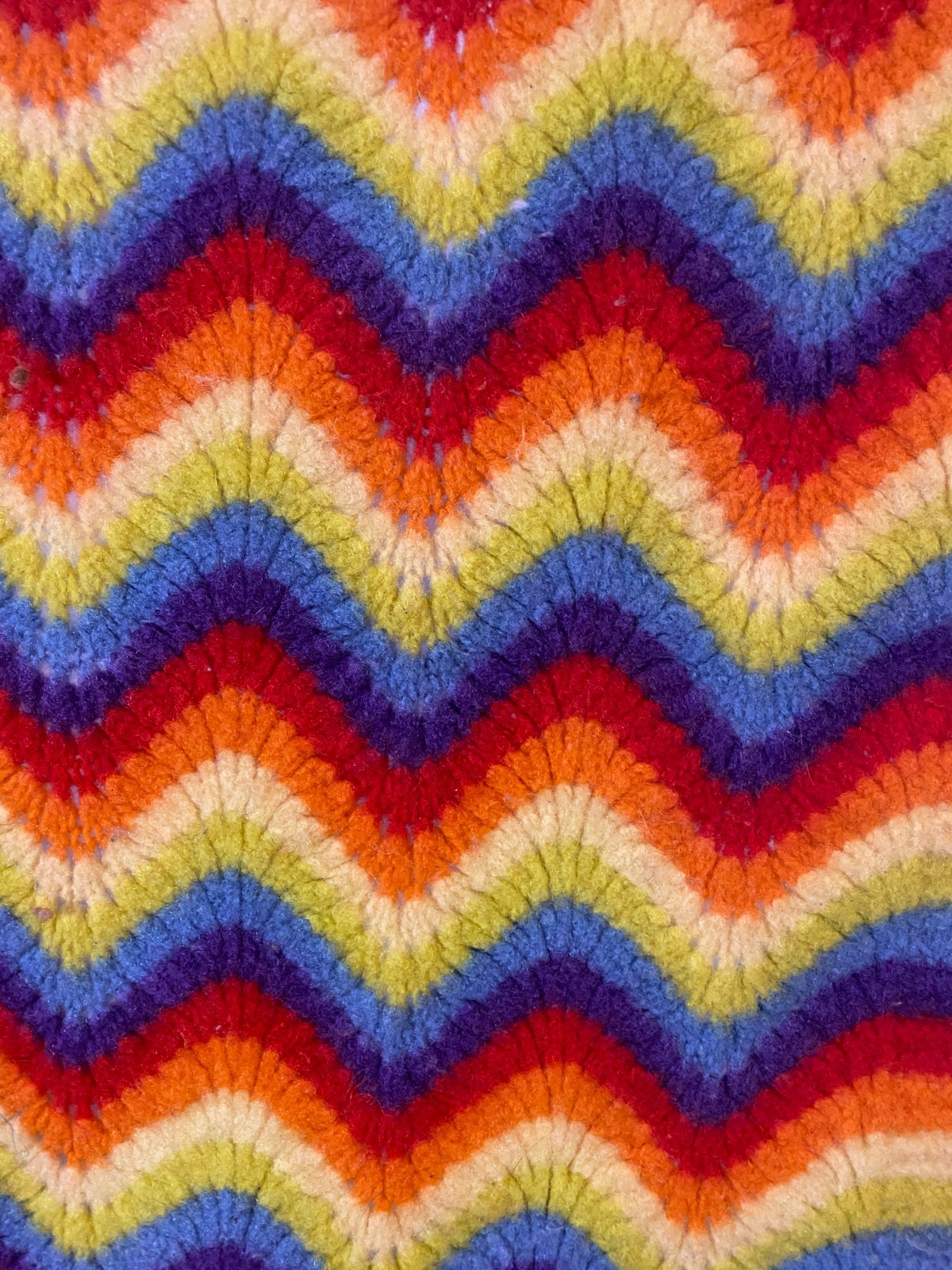 Handmade Vtg 70s Crochet Blanket Throw Ripple Zigzag Rainbow Bright 72×43 apx