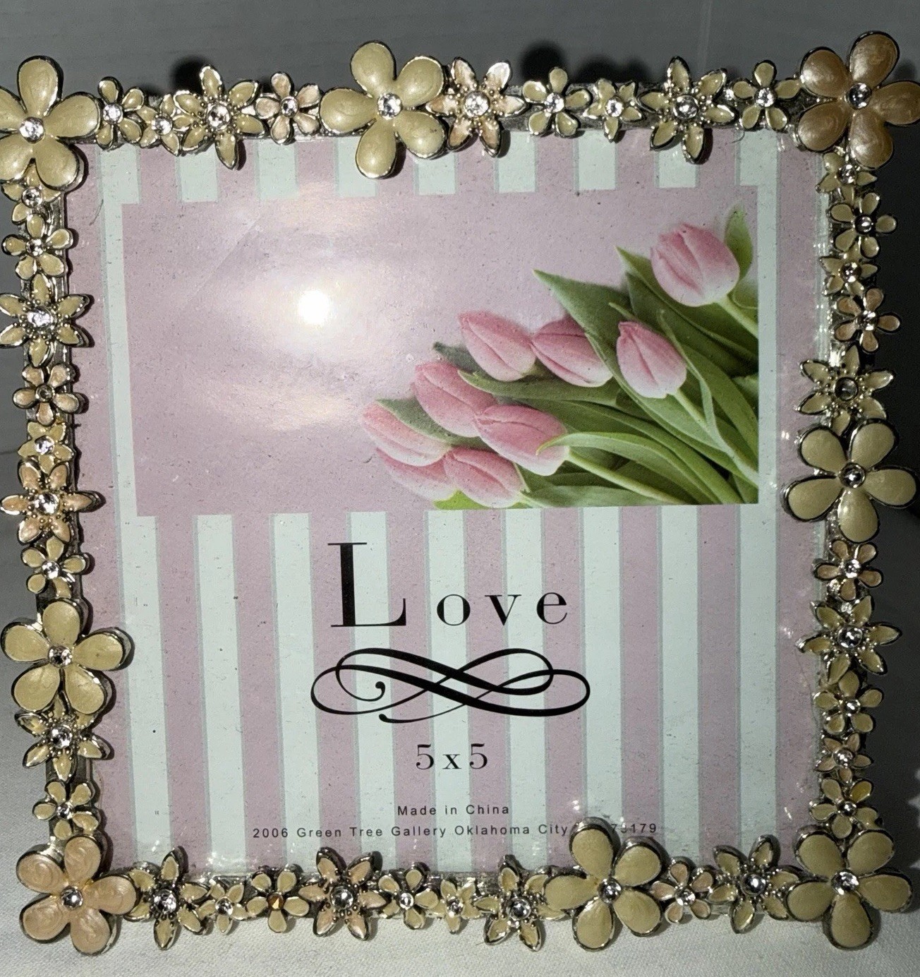 Green Tree Gallery 5×5 Picture Frame Cream with Rhinestone Enamel Flowers