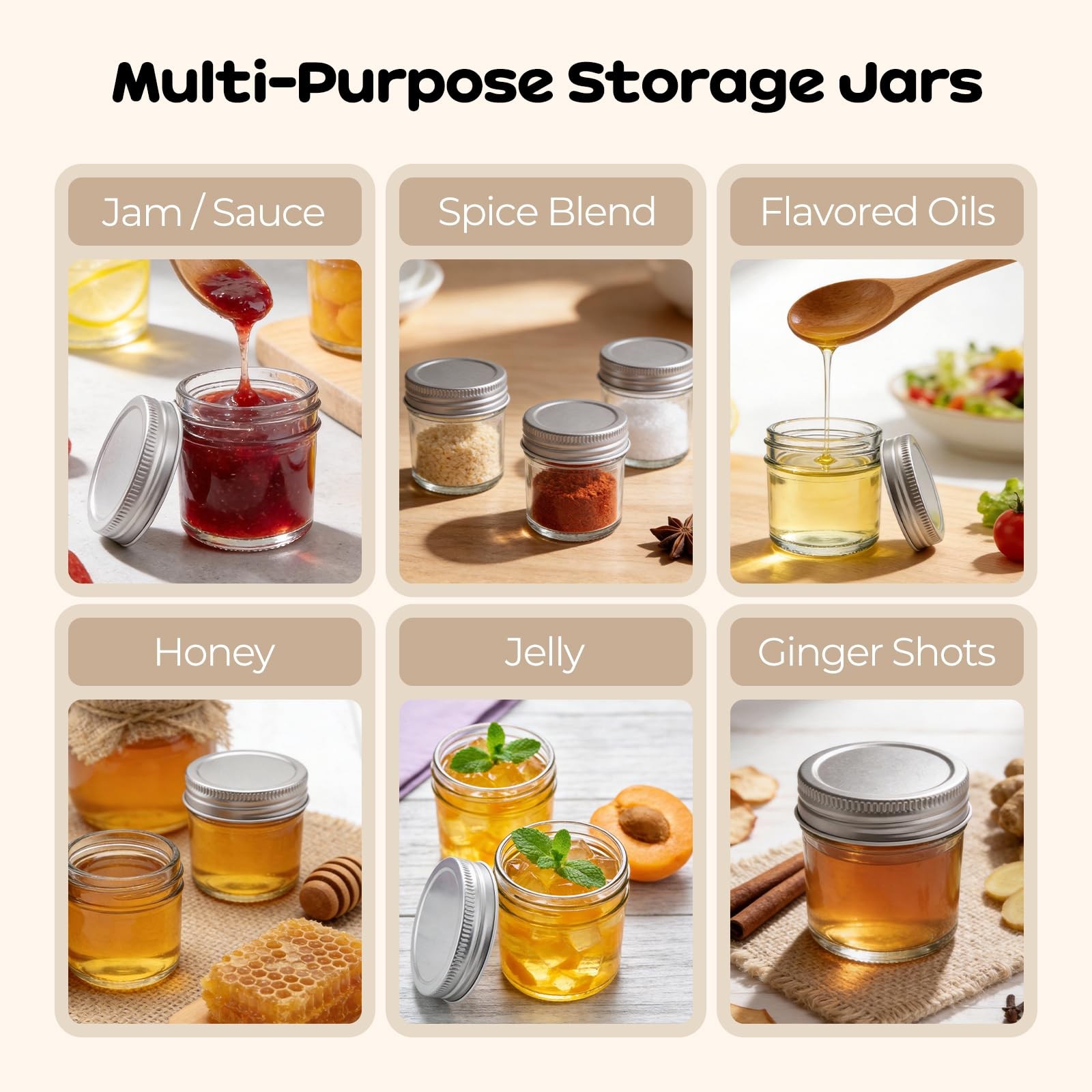 PureRoot 6 Pack Mini Mason Jars 2 oz Glass with Lids, 2 ounces, 2oz-6pcs