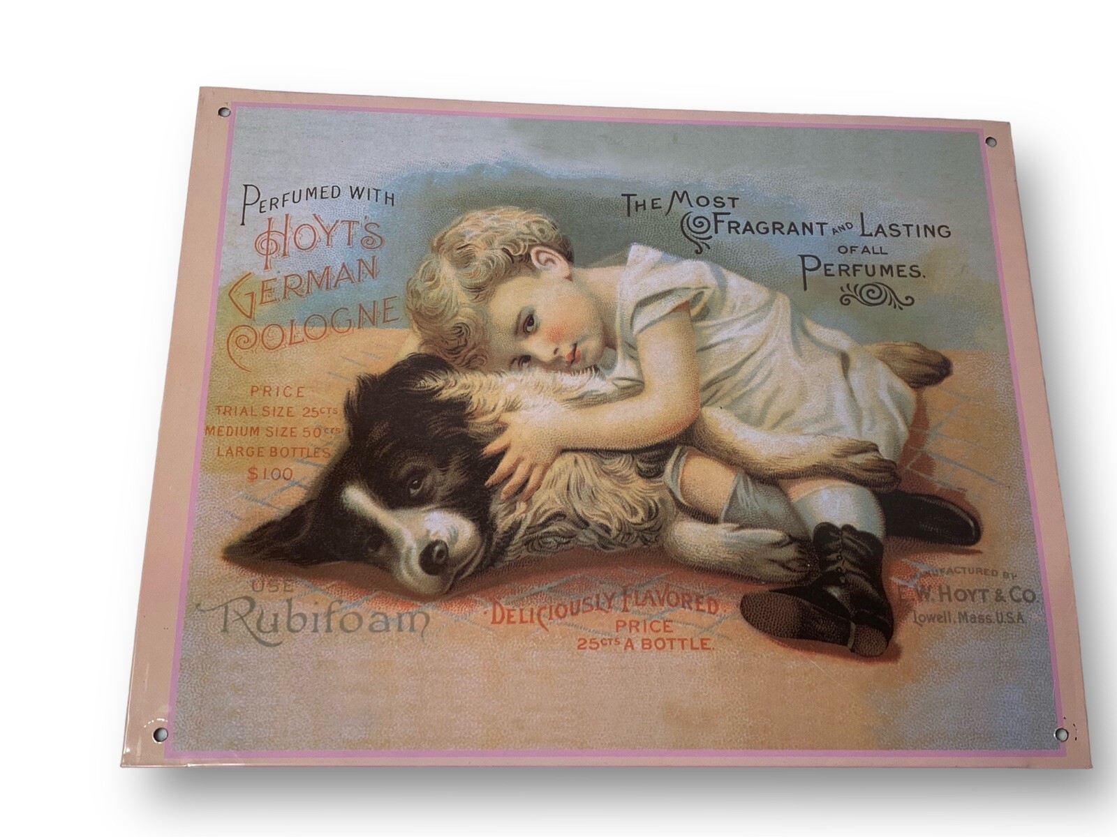 Vintage Metal Reproduction Sign Perfumed with Hoyt&rsquo;s German Cologne 12×9” Sturdy
