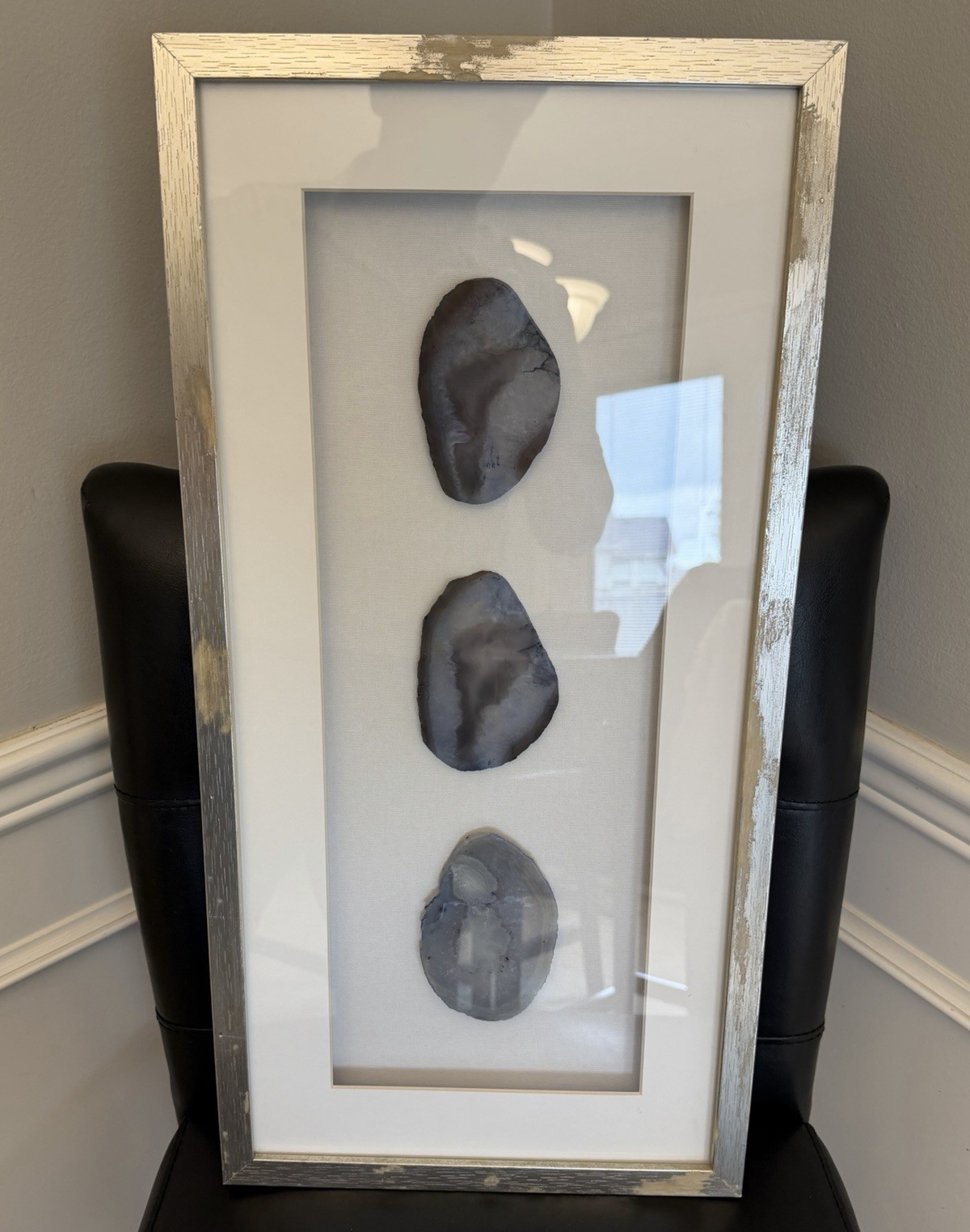 Beautiful Framed Geode Slice Wall Art 12 in Gray Stone in Silver Shadow Box