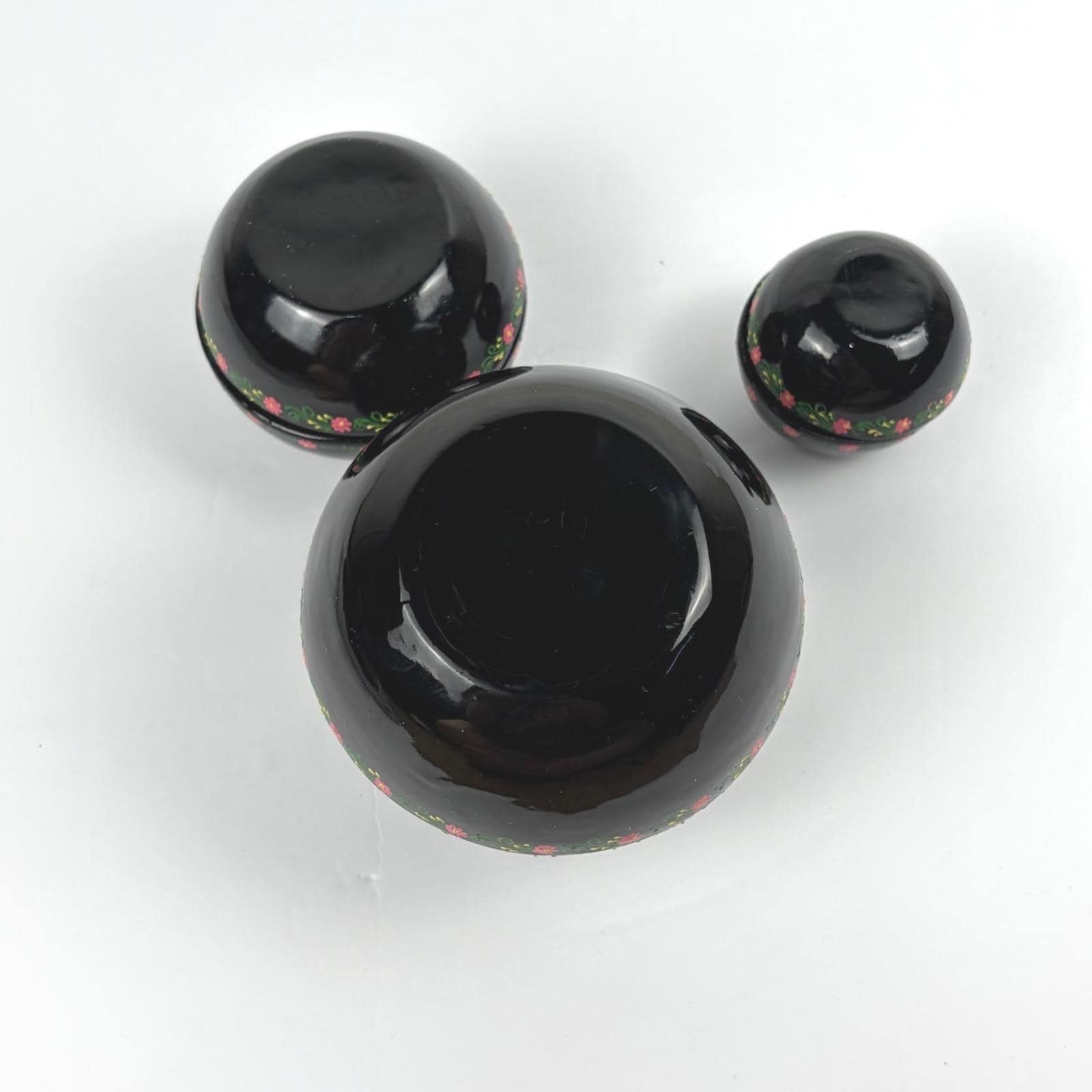 Vintage Lacquer Nesting Spheres 3 Piece Set Black Pink Floral Hand Painted Box