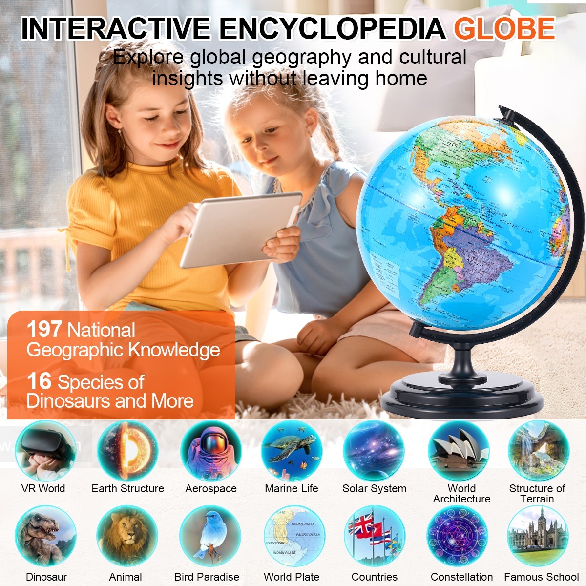 3D AR Large World Globe on Stand 10&Prime; W/USB LED Light 360° Illuminated Night Lamp