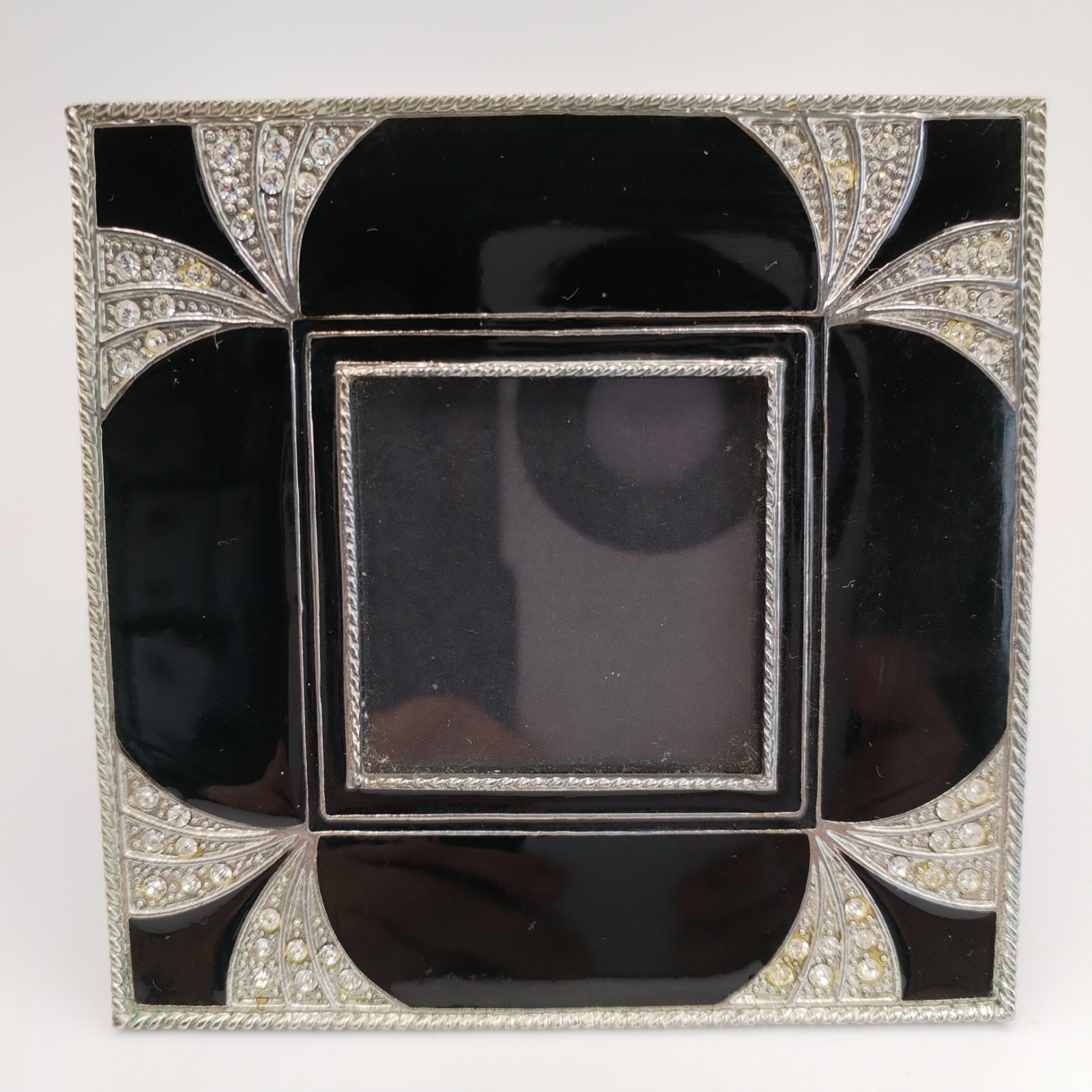 Vintage Art Deco Style Mini Picture Frame Black Enamel Rhinestone Square 2×2