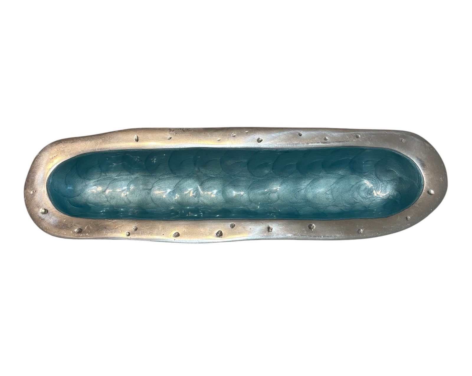 Handmade Teal Blue Resin Centerpiece Bowl Hammered Metal Rim 15” Made India