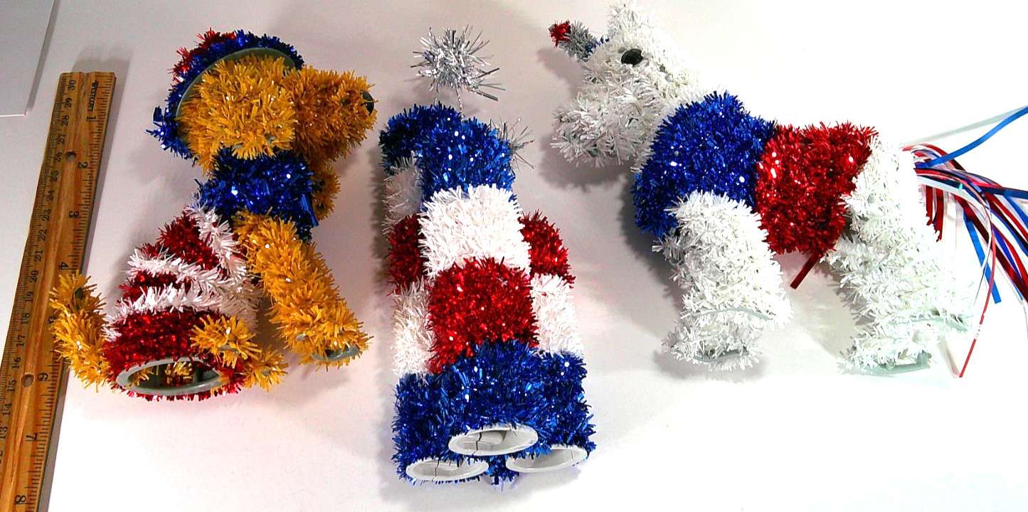 3 Patriotic Tinsel & Plastic Red White & Blue Dog w/ Hat, Unicorn & Fireworks